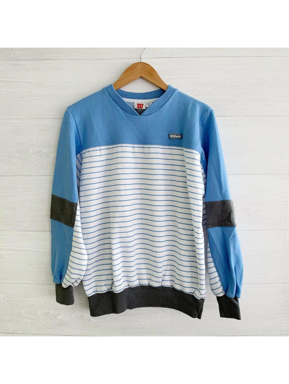 Vintage Wilson Blue Striped V Neck Fleece Sweatshirt Pullover Mens M 90s